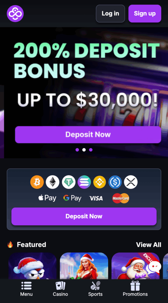 Best no account casino CoinCasino banner with a 200% deposit bonus up to $30,000 and support for Bitcoin and Ethereum.