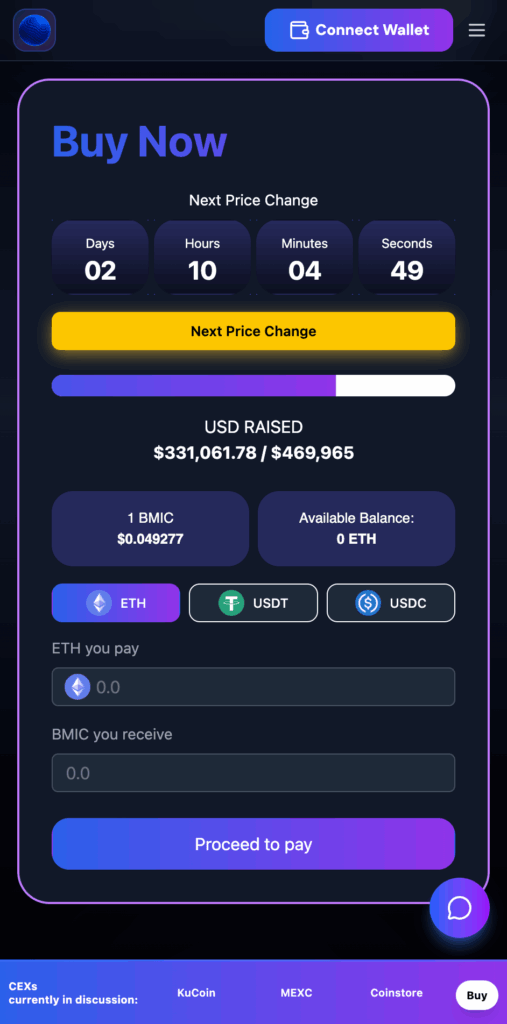 BMIC presale dashboard showing the next crypto to explode.