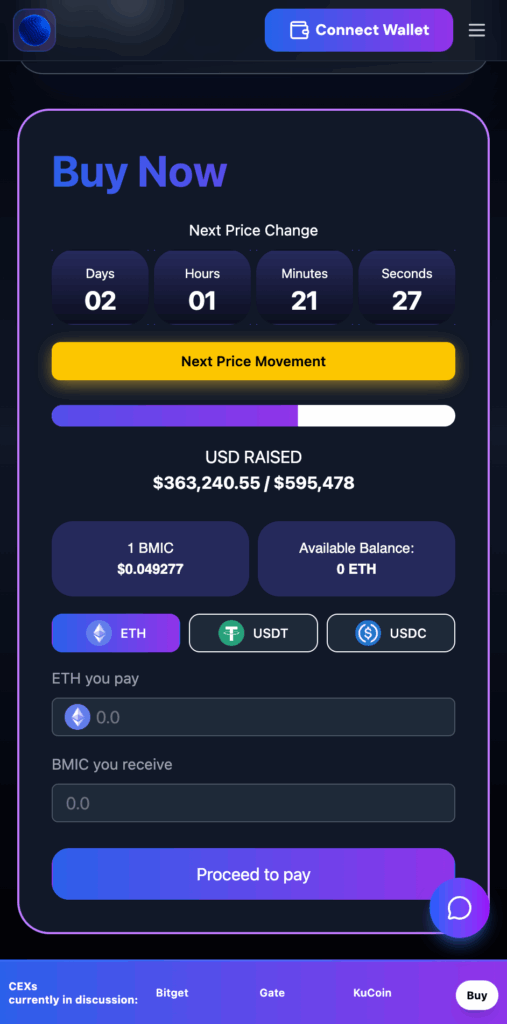 BMIC AI crypto presale interface; the best altcoins to buy now