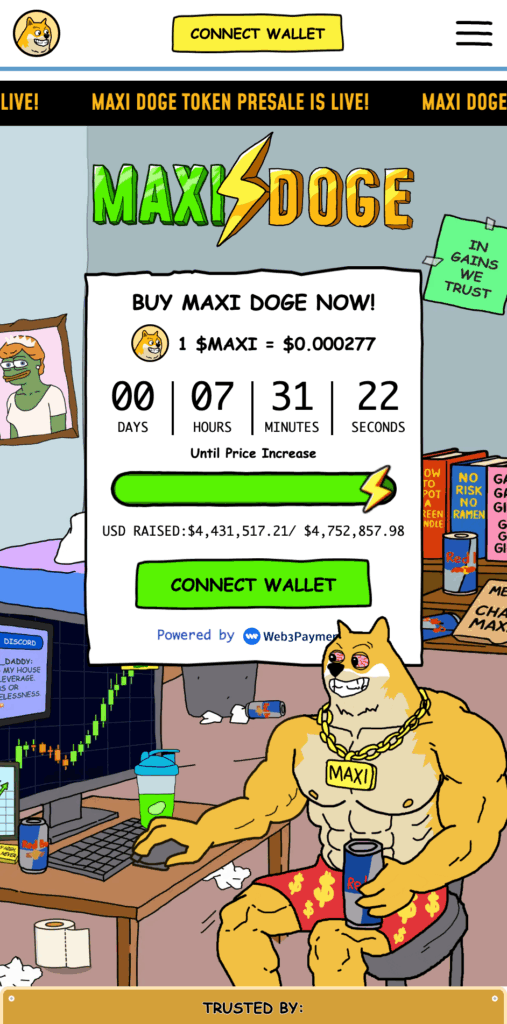 Maxi Doge presale interface showcasing new cryptocurrencies.
