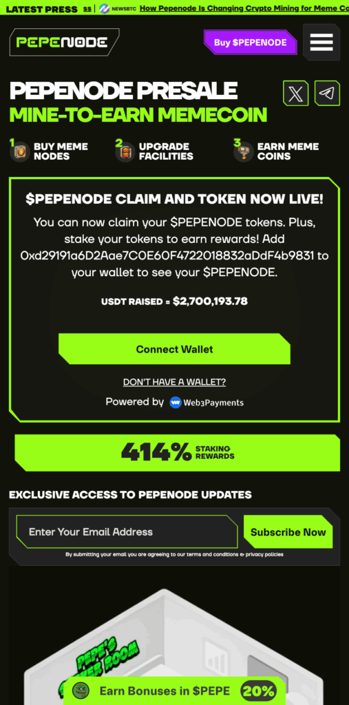 Pepenode mine-to-earn dashboard for tracking new cryptocurrencies.