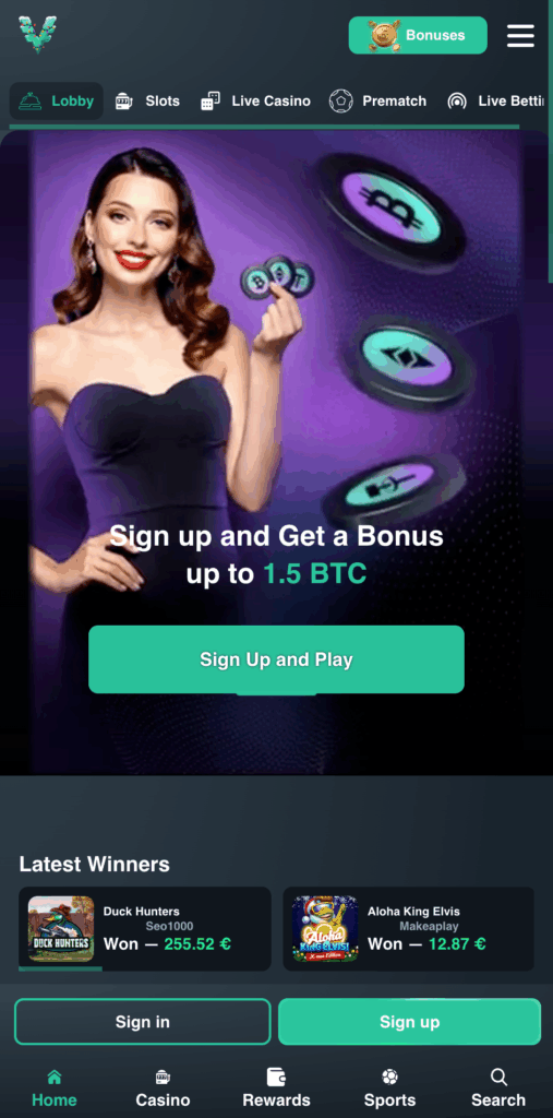 Mobile app screen showing a 1.5 BTC bonus for a crypto casino australia.