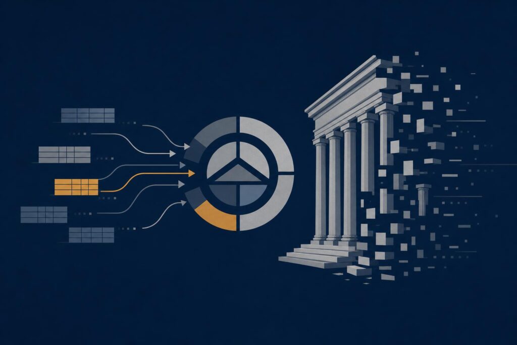 Editorial illustration of a US federal regulator acting alone on crypto rules, regulator seal and fading capitol columns