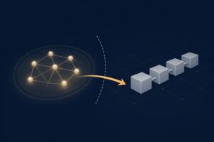 Abstract editorial illustration of oversight over private crypto holdings: glowing network nodes, a dashed boundary line and ledger blocks on a deep navy background with one warm amber accent