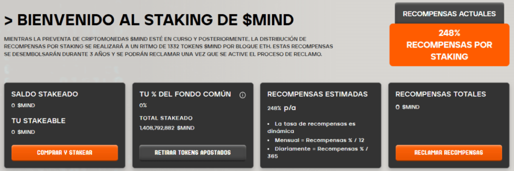 Captura de la sección de staking de tokens Mind of Pepe $MIND