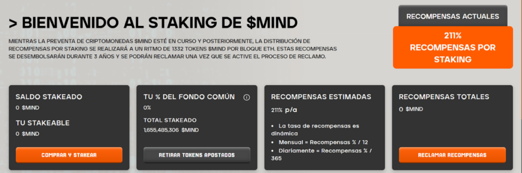 Panel de staking del agente de IA meme MIND of Pepe.