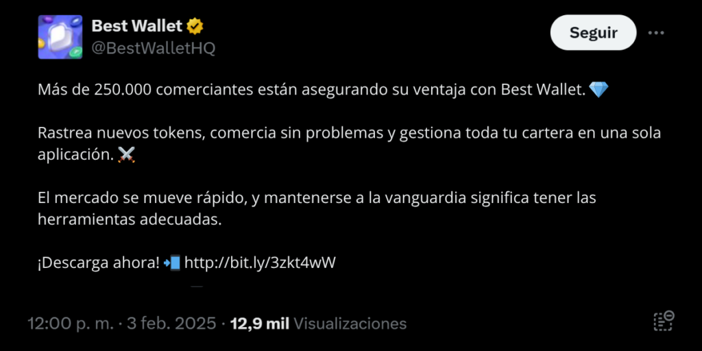 Captura de X de Best Wallet celebrando las 250.000 descargas de su billetera. 