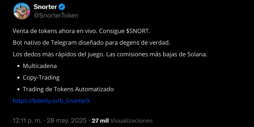 Anuncio de la preventa de tokens de Snorter en X.