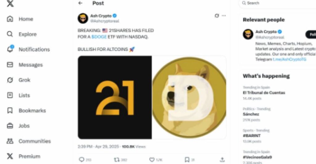 Post de DOGE en X- memecoins