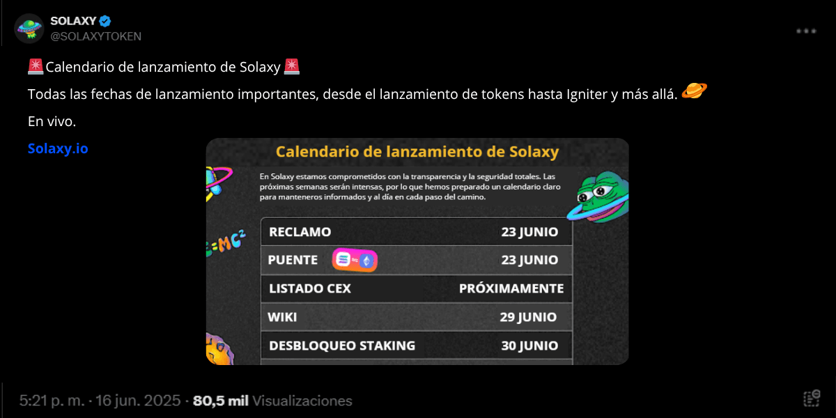 Post en X de Solaxy anunciado el calendario de lanzamiento.
