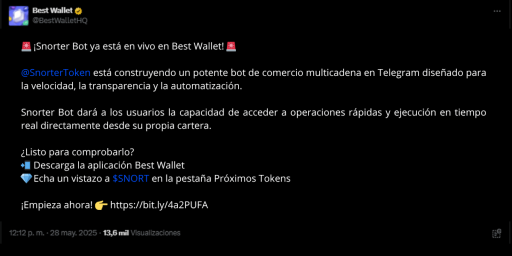 Captura de X de Best Wallet anunciando soporte para Snorter token.