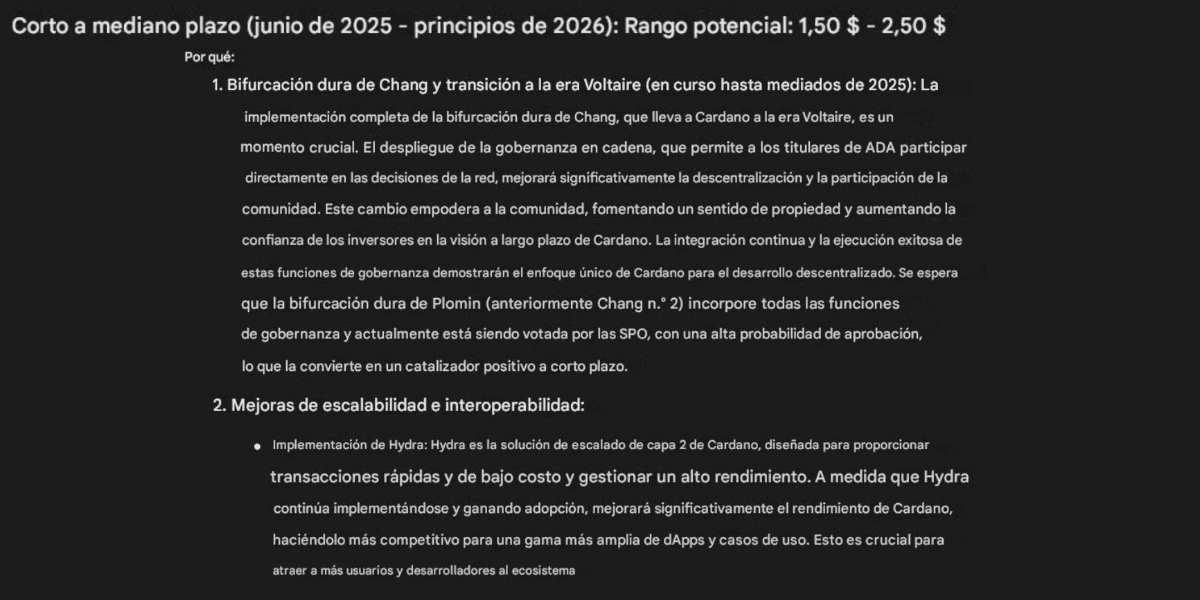 Predicción de Gemini, la IA de Google, sobre Cardano.