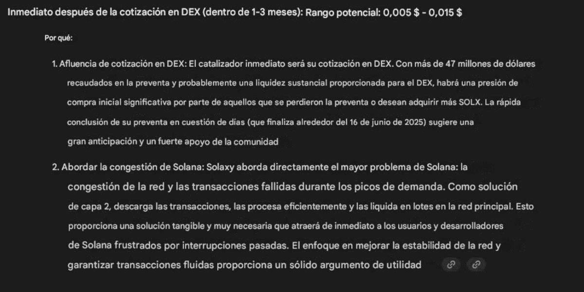 Predicción de la IA Gemini de Google sobre el futuro de Solaxy.