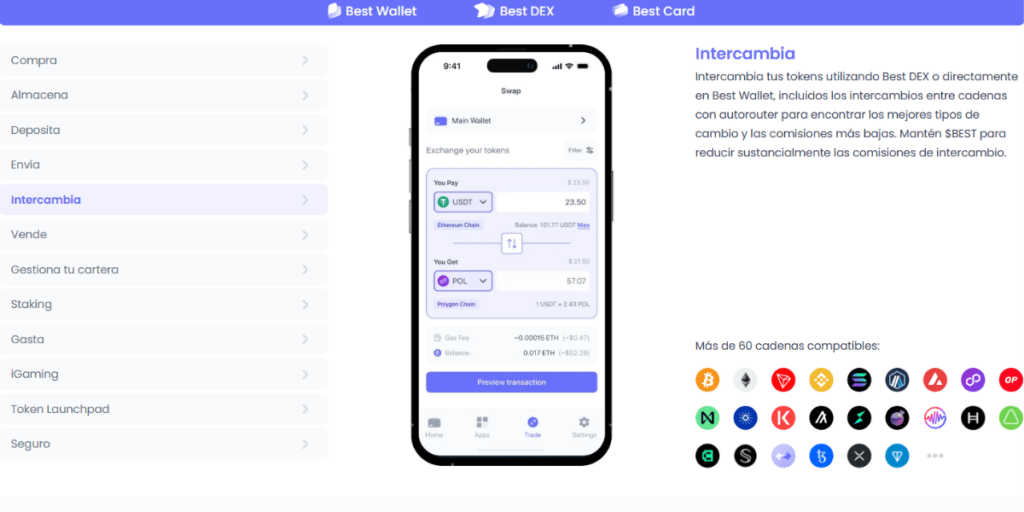 Captura de Best Wallet explicando la función de intercambio de tokens.