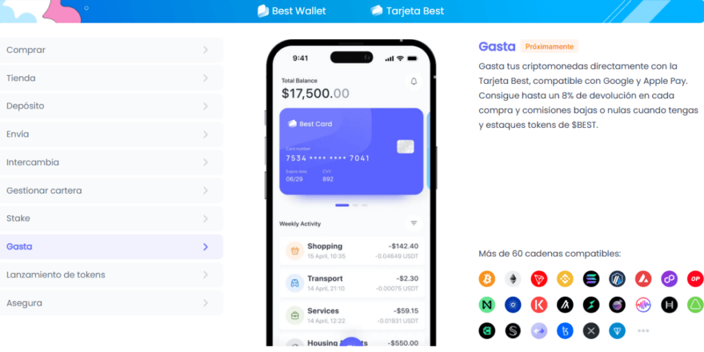 Captura de Best Wallet mostrando la tarjeta para gastar criptomonedas.