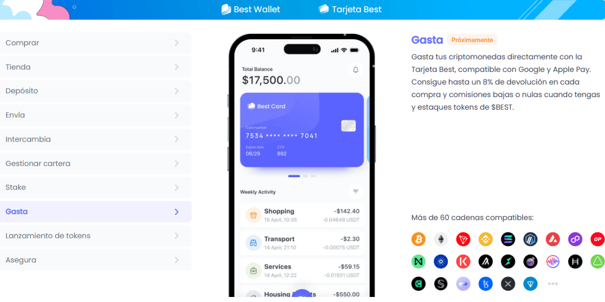 Captura de Best Wallet mostrando la tarjeta para gastar criptomonedas.
