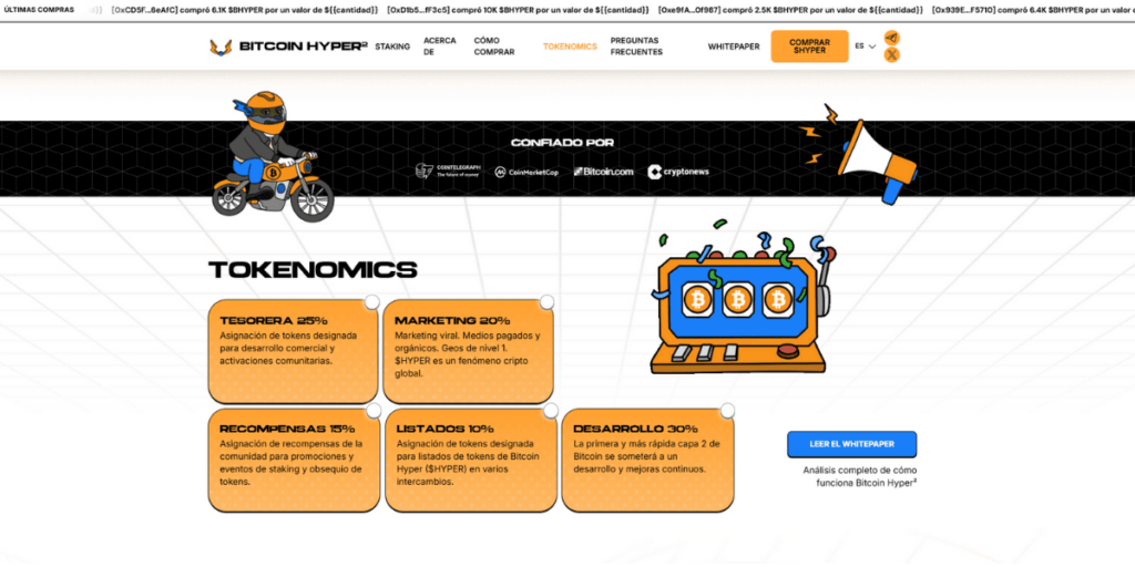 Captura de los tokenomics de $HYPER, el mejor token L2 de Bitcoin.
