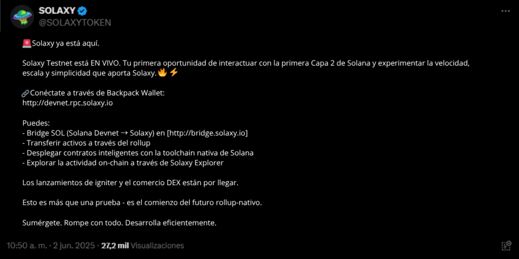 Anuncio de la red de pruebas de Solaxy en X.