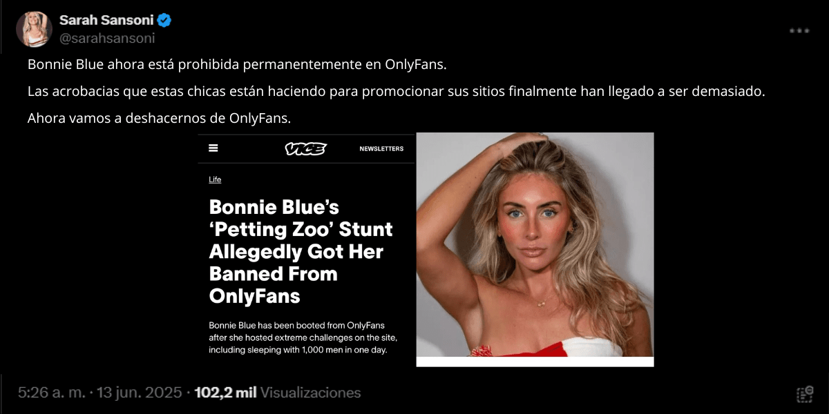 Post en X sobre el baneo de Bonnie Blue en Onlyfans.