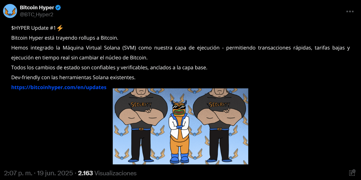 Post en X de Bitcoin Hyper anunciando la primera actualización.