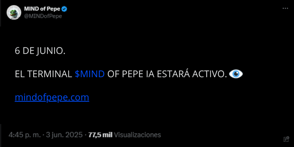 Captura de X del anuncio del lanzamiento del terminal de MIND of Pepe.