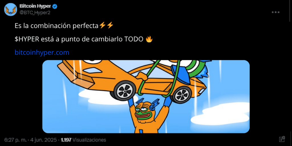Post en X de Bitcoin Hyper, la mejor criptomoneda L2 de Bitcoin del momento.