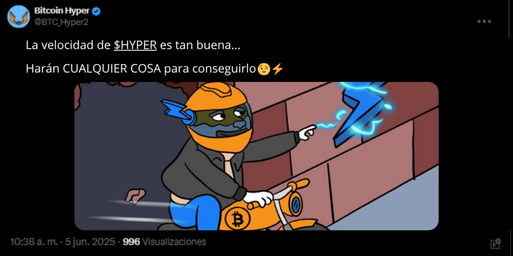 Post en X de Bitcoin Hyper mencionando su velocidad