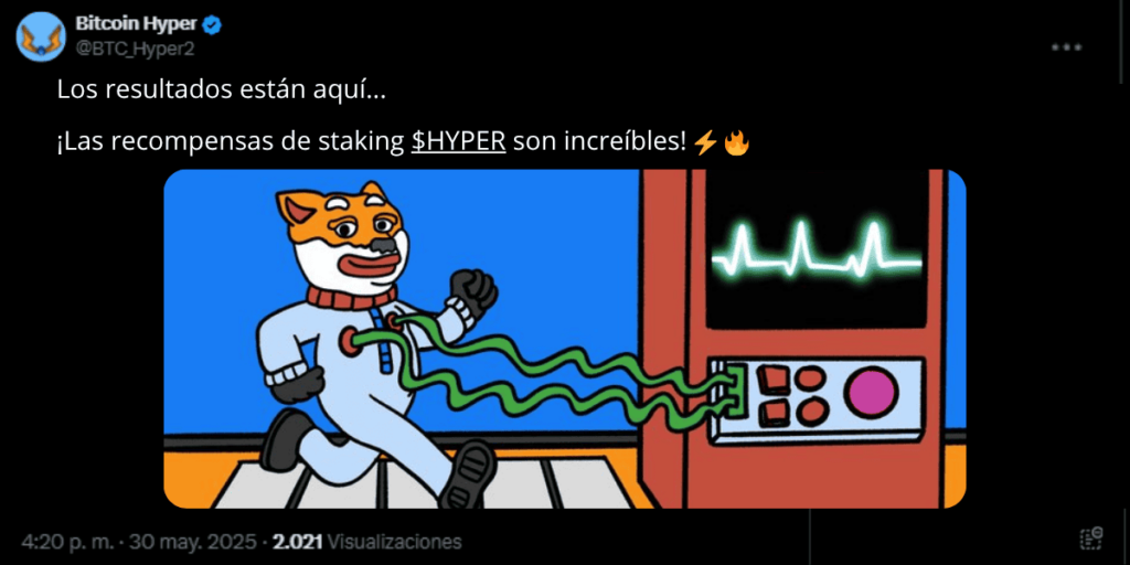 Captura de X de Bitcoin Hyper mencionando el buen rendimiento que ofrece el staking de $HYPER.