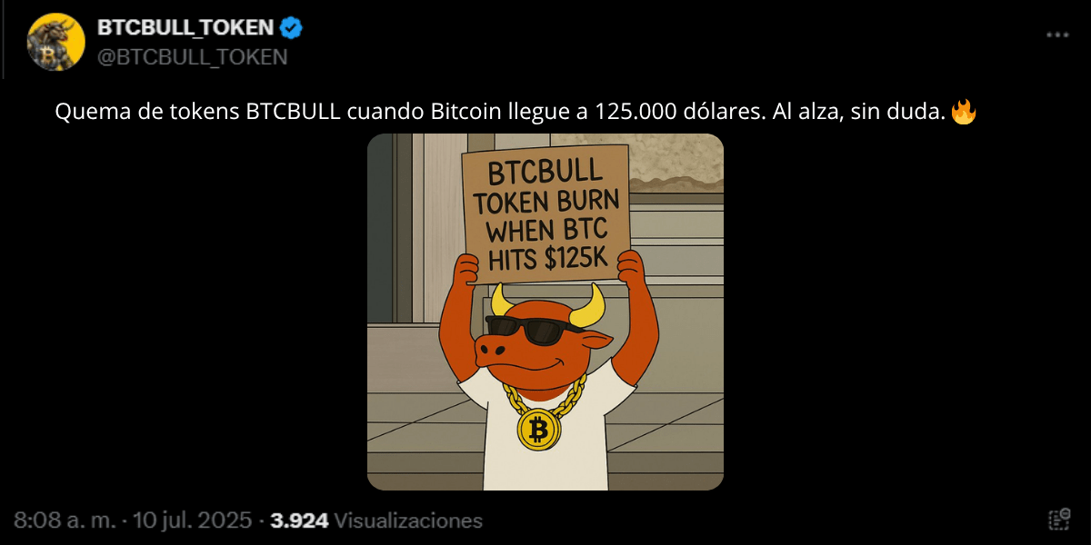 Post en X de la meme coin BTCBULL anunciando la próxima quema de tokens