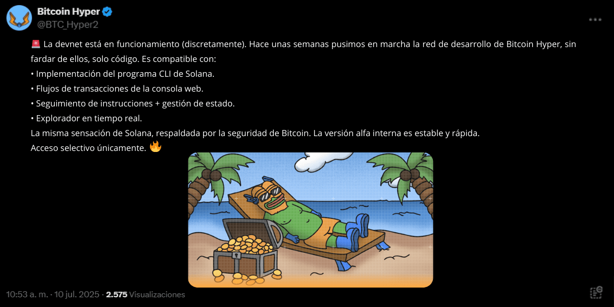 Post en X de Bitcoin Hyper anunciando avances en devnet