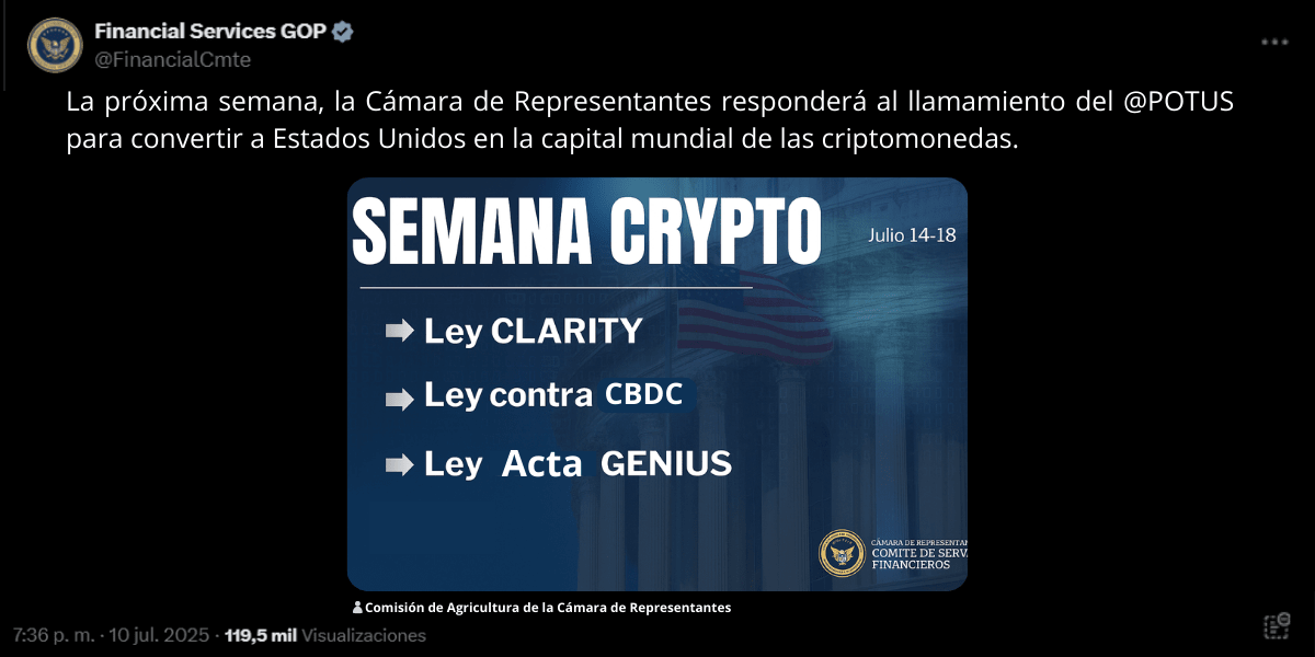 Post en X de la Cámara de Representantes anunciando la Semana Cripto