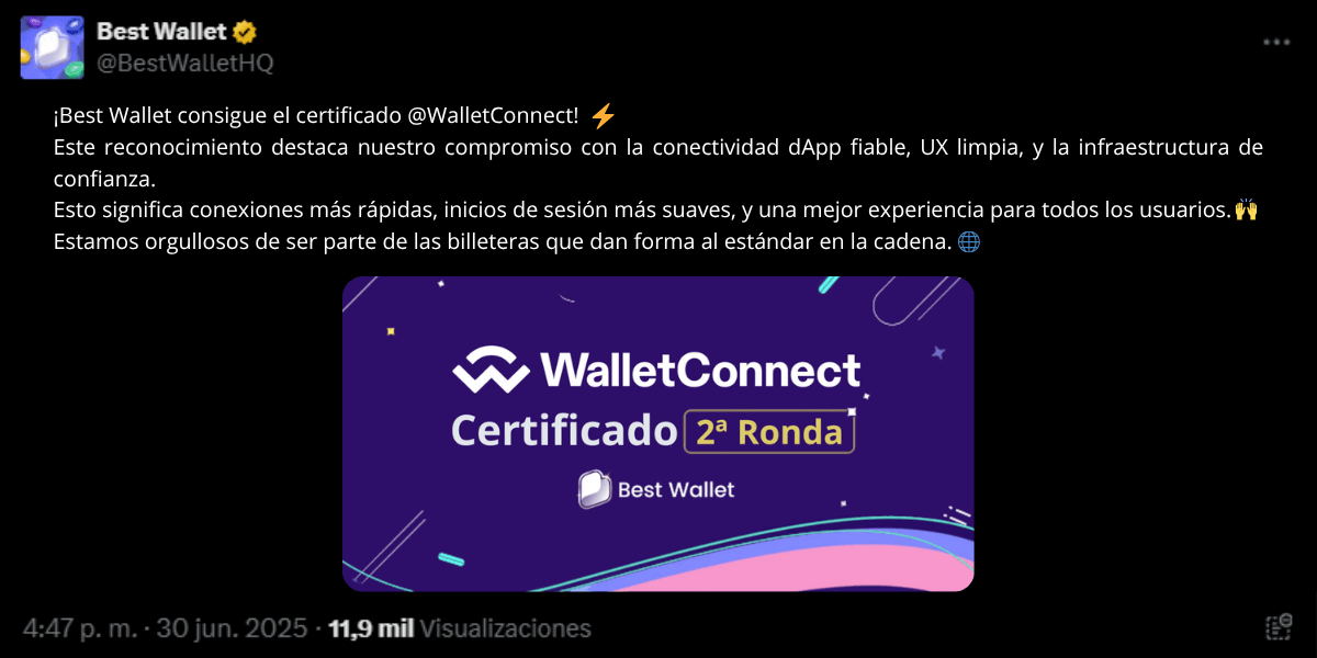 X post de Best Wallet anunciando certificado WalletConnect