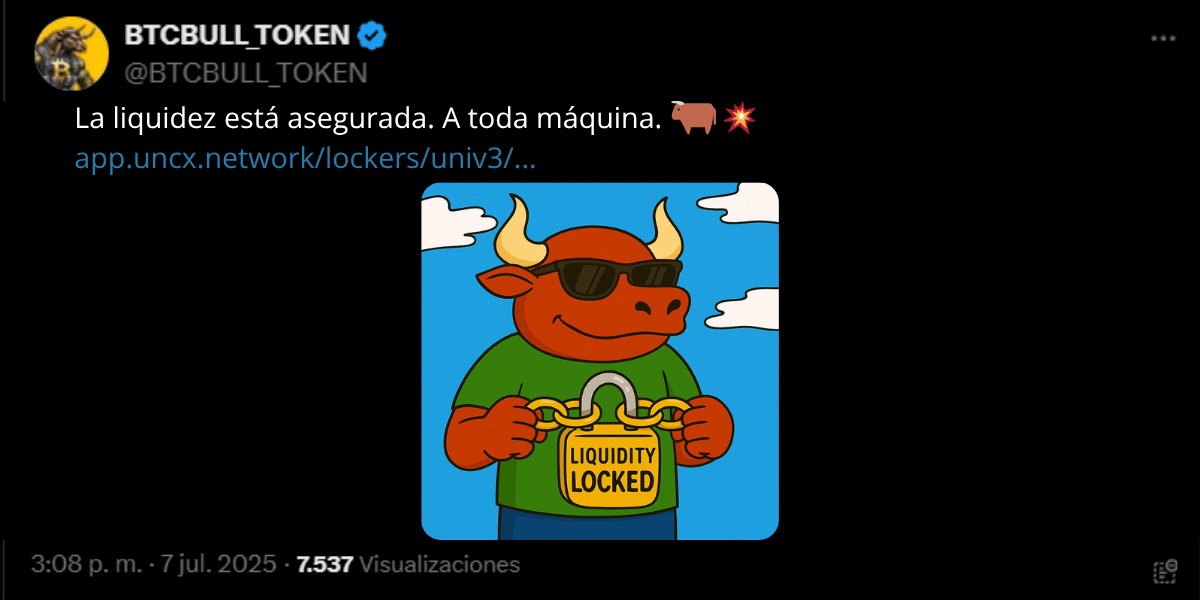 Post en X de BTCBULL anunciando liquidez bloqueada.