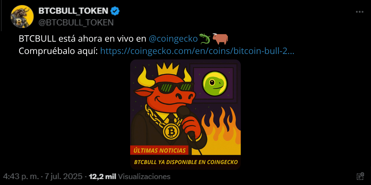 Post en X de BTCBULL anunciando listado en Coingecko.