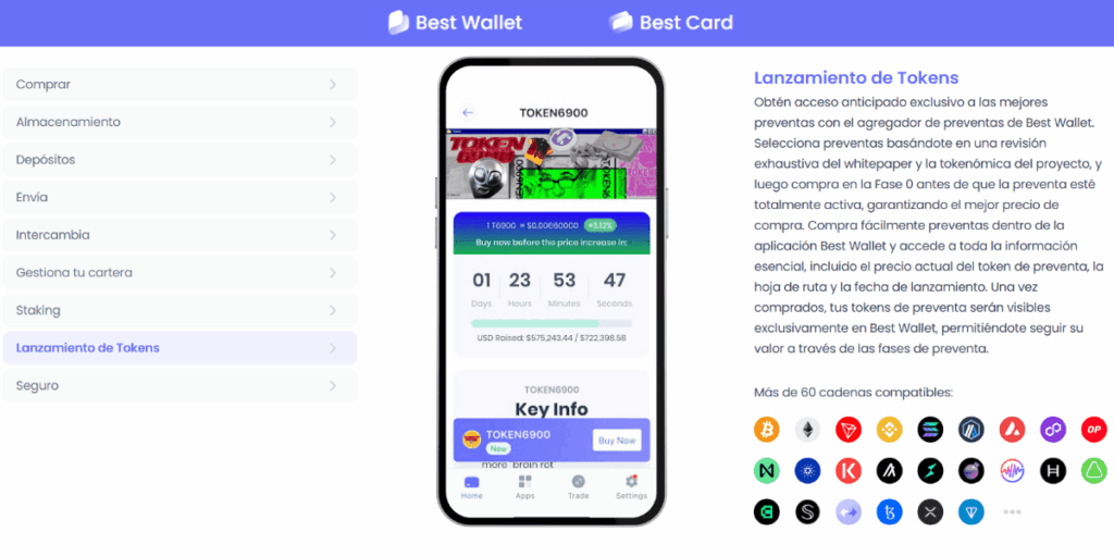 Interfaz de próximos tokens de Best Wallet. una moneda que se encuentra entre las que más han incrfementado su valor