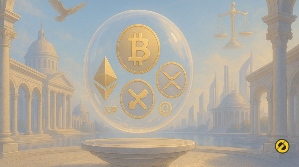 Un podium digital flottant qui symbolise un ETF crypto