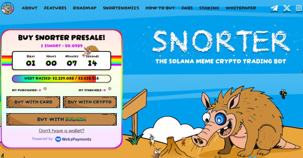 memcoin პროექტის ვებსაიტის ეკრანის ანაბეჭდი Snorter