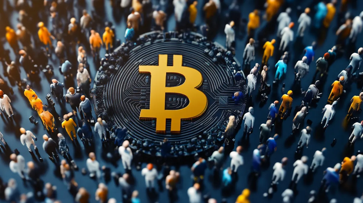 1000倍仮想通貨を取り囲み人々のイメージ
