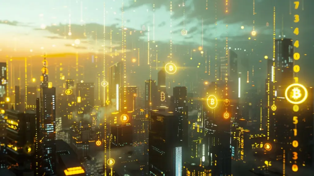 仮想通貨記号が空中に浮かぶ都市のスカイライン