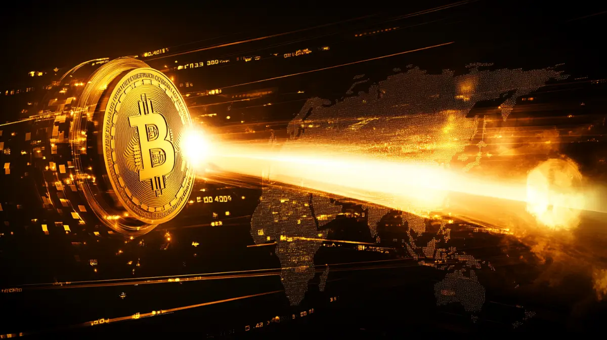 ビットコインが世界地図の上で輝く未来を象徴する金色の光線、グローバルなデジタル通貨の拡大を表現