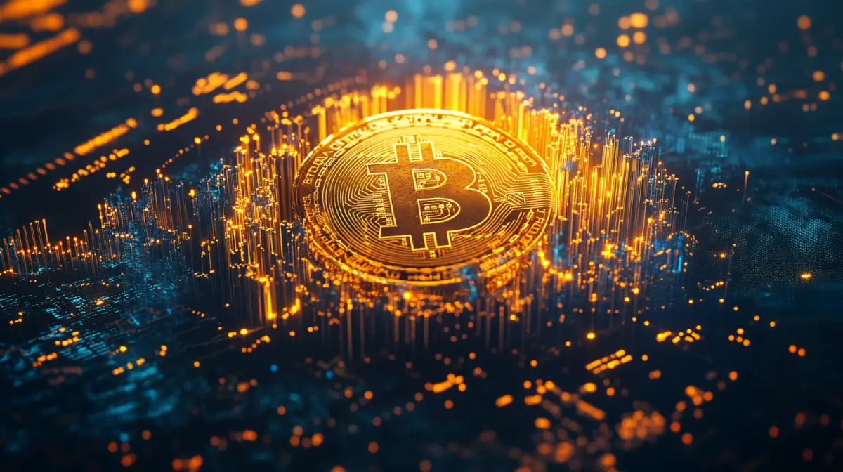 青いデジタル背景に光る金色のビットコイン、未来のデジタル資産としての可能性を表現する光の柱
