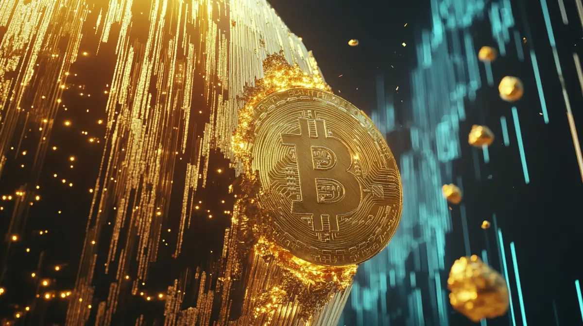 黄金色と青色の光線に包まれたビットコイン、デジタル世界とリアル経済の融合を象徴