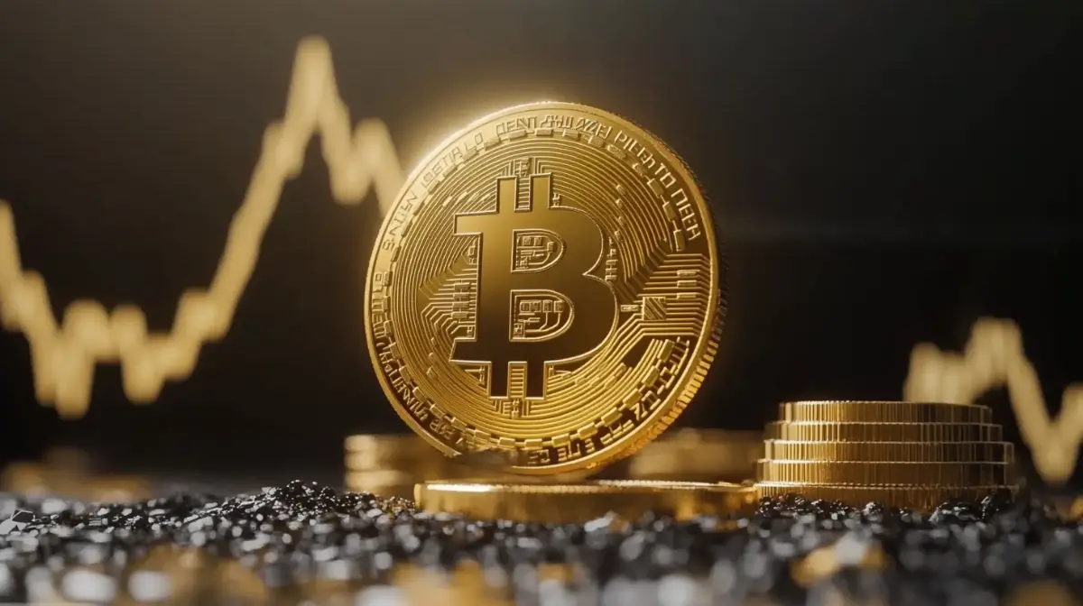 昇するチャート線を背景にした金色のビットコイン、投資価値の成長と将来性を示唆