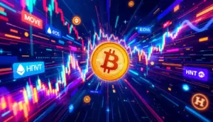 仮想通貨MOVE、EOS、HNTとBTC Bull Tokenの市場分析を示す抽象的なデジタルアート