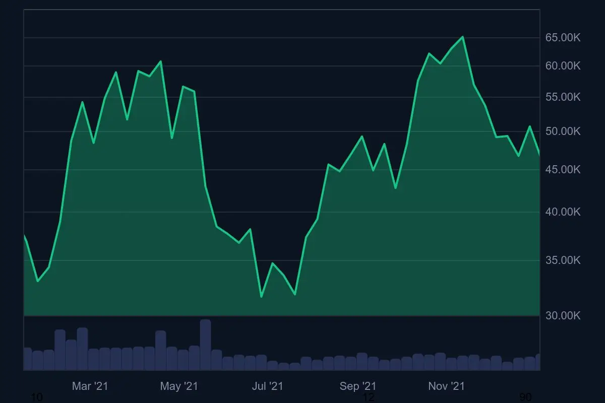 2021年のビットコイン価格チャート、ATH（過去最高値）到達と調整期を示す高値推移