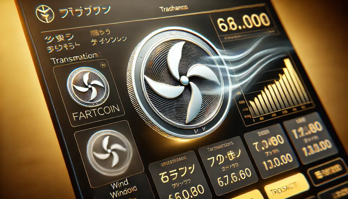 日本の取引所画面+抽象的な風モチーフトークン+トランザクション表示