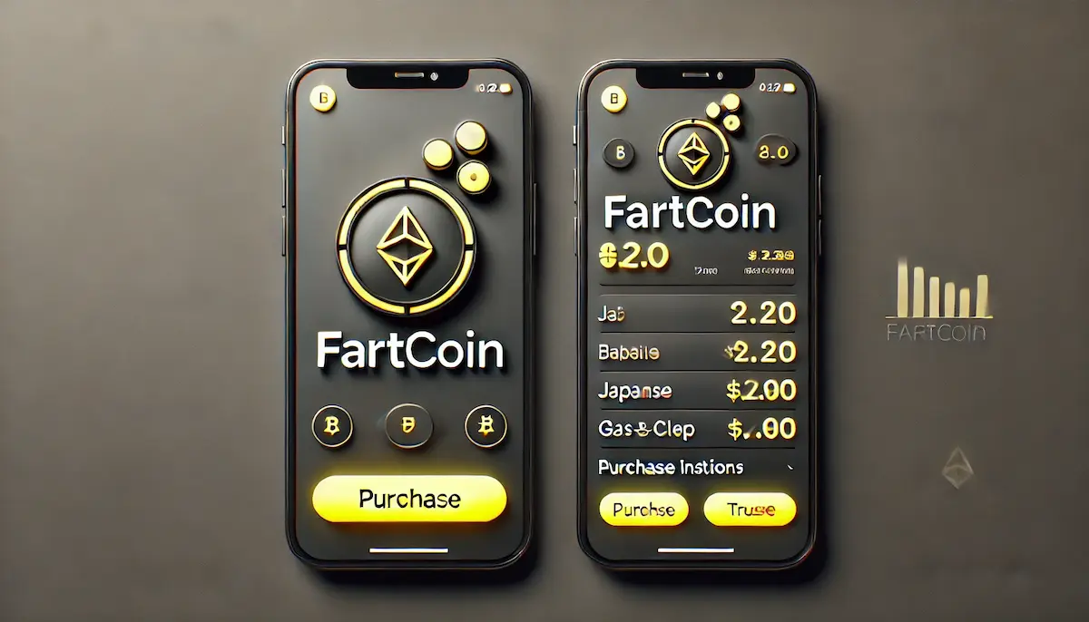 スマホアプリ上でFartcoinを購入中のUI、抽象的なガス雲アイコン、日本語ガイド