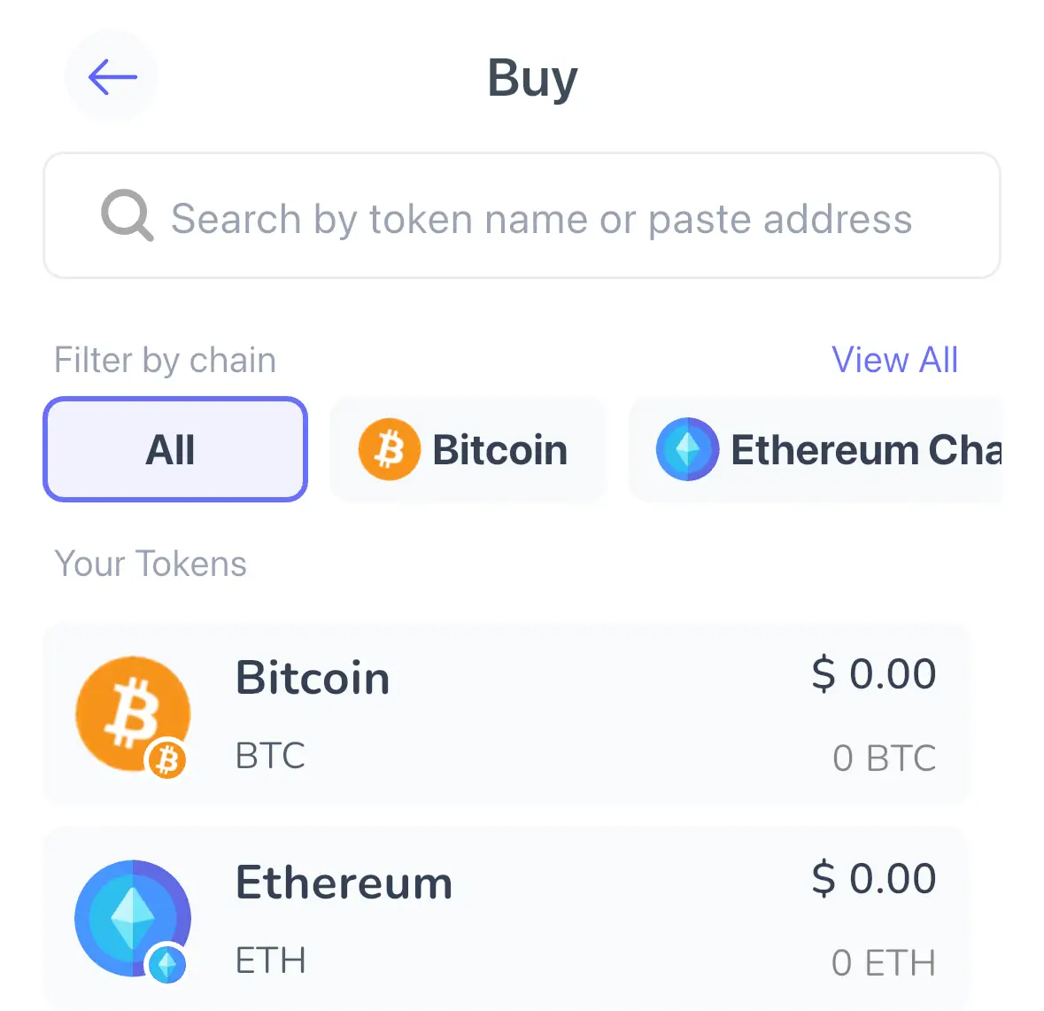 仮想通貨購入画面、ビットコインとイーサリアムを含む保有トークン一覧と検索機能の表示