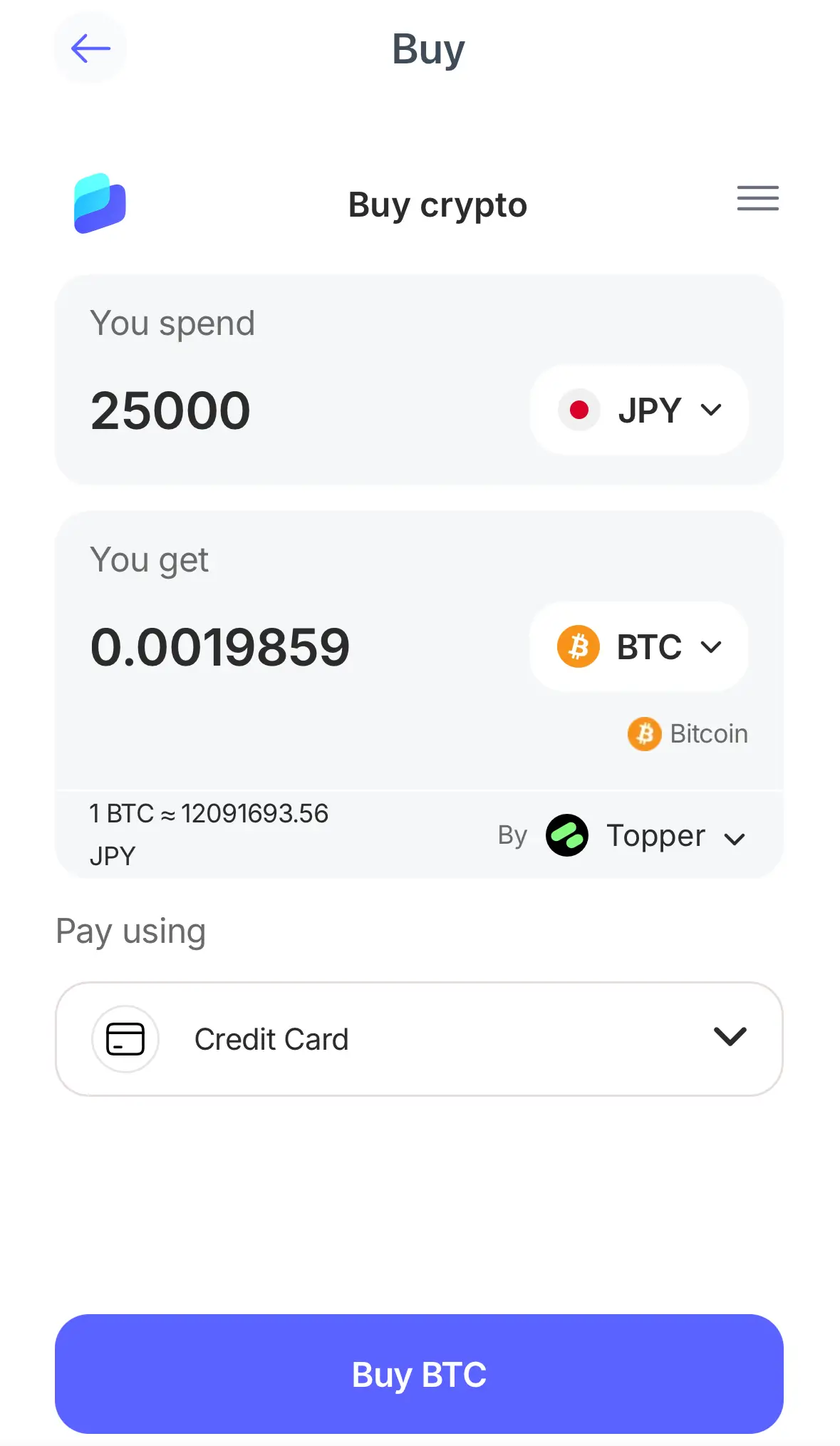 日本円でのビットコイン購入画面、2万5千円で0.0019859BTCを購入する取引内容と決済オプション