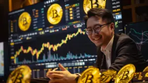 ビットコインチャートを見てほほ笑む男性